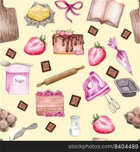 Seamless pattern with cute hand drawn dessert, tea and baking theme doodle elements. watercolor pink background. For wrapping paper, textile, print, advertising, fabric, wallpaper, web