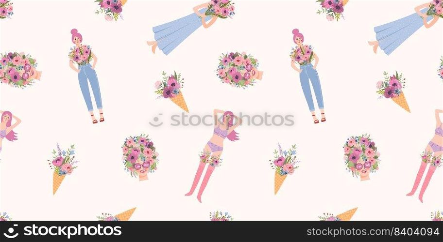 Seamless pattern with cute women. Vector design concept for Happy Women s Day and other use. Seamless pattern with cute women. Vector design concept for Happy Women s Day and other