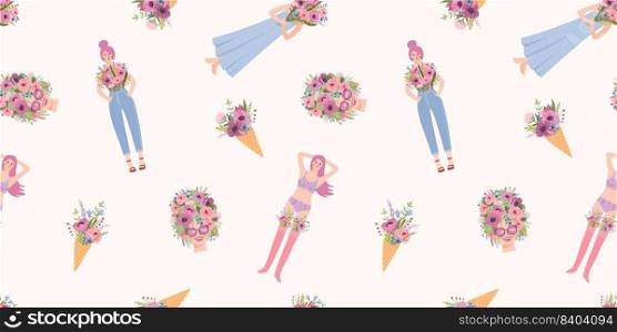 Seamless pattern with cute women. Vector design concept for Happy Women s Day and other use. Seamless pattern with cute women. Vector design concept for Happy Women s Day and other