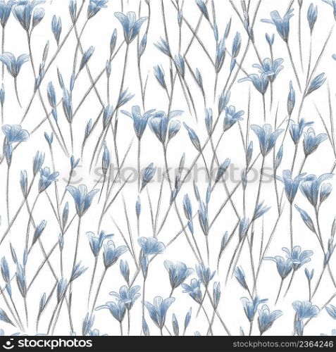 Seamless pattern with delicate blue summer wildflowers