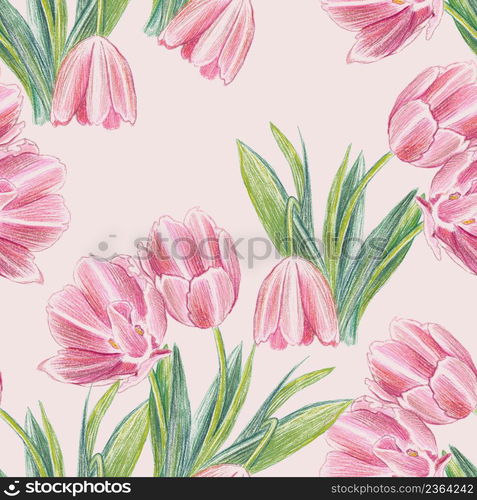 Seamless pattern with delicate spring pink tulips