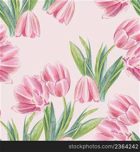 Seamless pattern with delicate spring pink tulips