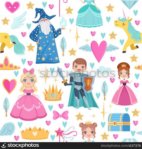 Seamless pattern with different magic elements. Fairytale illustrations in cartoon style. Magic fantasy dream seamless pattern with unicorn. Seamless pattern with different magic elements. Fairytale illustrations in cartoon style