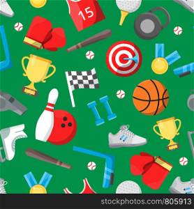 Seamless pattern with different sport equipment. Vector activity game, play bowling and basketball illustration. Seamless pattern with different sport equipment