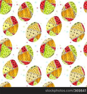 Seamless pattern with Easter eggs with a colorful pattern in doodle style. Spring holiday painted egg with red, orange, yellow, green and beige spots. Geometric shapes, fruits and cake spread.. Seamless pattern with Easter eggs with pattern in doodle style.