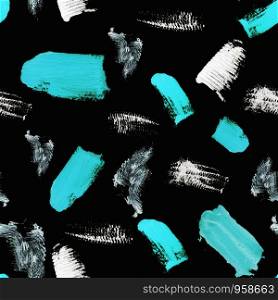 Seamless pattern with electric blue and white cosmetic smudges on black background. Fashion illustration endless background design.. Seamless pattern with electric blue and white cosmetic smudges on black background.