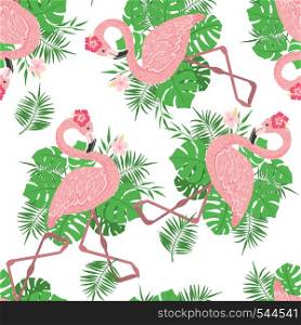 Seamless pattern with flamingo tropical leaves isolated on white background. Cute animal design element for fabric, textile, wallpaper, scrapbook or others. Vector illustration.. Seamless pattern with flamingo isolated on white.