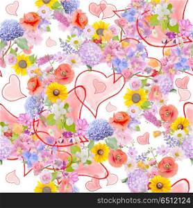 seamless pattern with flowers and hearts