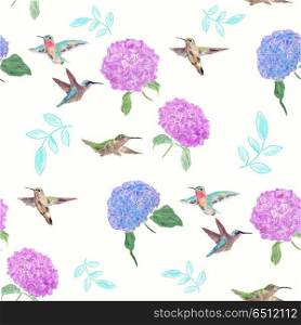 seamless pattern with flowers and hummingbirds watercolor on white background. seamless pattern with flowers and hummingbirds