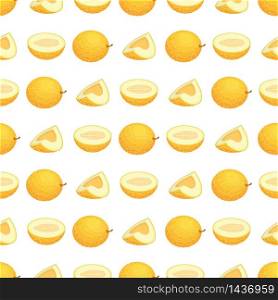 Seamless pattern with fresh whole, half and half melon fruit on white background. Honeydew melon. Summer fruits for healthy lifestyle. Organic fruit. Vector illustration for any design.