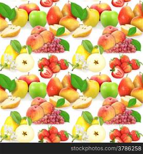 Seamless pattern with fruits, berries, leafs and flowers. Placed on white background. Close-up. Studio photography.