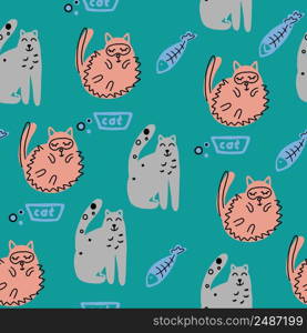 Seamless pattern with funny cats. Vector illustration. It can be print and used as wallpaper, packaging, wrapping paper, fabric and etc.. Seamless pattern with cute funny cats. Vector illustration. It can be print and used as wallpaper, packaging, wrapping paper, fabric and etc.