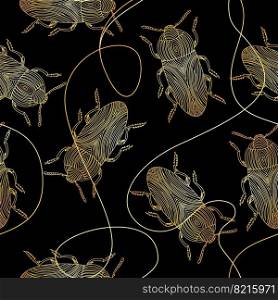 Seamless pattern with golden beetles and chains. Golden pattern with beetles. Vector illustration. Seamless pattern with golden beetles and chains.