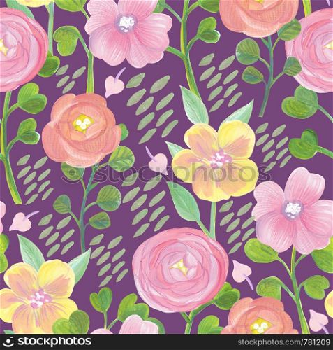 Seamless pattern with gouache painted flowers Creative floral illustration in collage style. Bright floral seamless design with ranunculus and other flowers