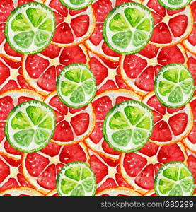 Seamless pattern with grapefruit and lime. Tropical refreshing exotic. Summer concept. Watercolor illustrations.. Seamless pattern with grapefruit and lime.