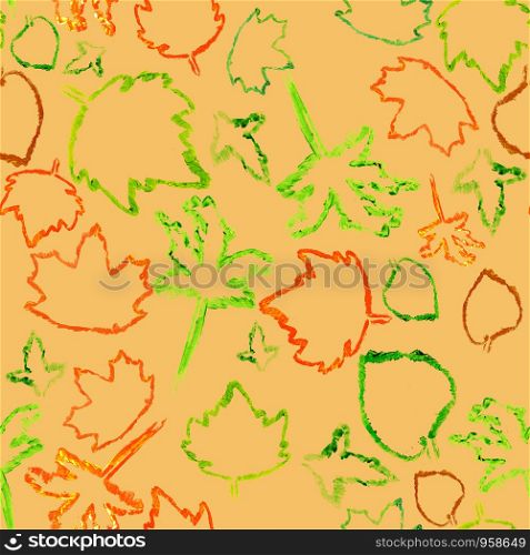 Seamless pattern with green and red autumn leaves silhouette on yellow background.. Seamless pattern with green and red autumn leaves silhouette.