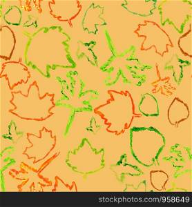 Seamless pattern with green and red autumn leaves silhouette on yellow background.. Seamless pattern with green and red autumn leaves silhouette.