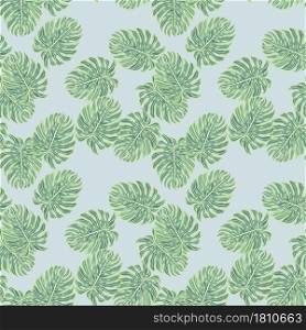 Seamless pattern with green monstera leaf silhouettes. Blue background . Decorative backdrop for fabric design, textile print, wrapping, cover. Vector illustration.. Seamless pattern with green monstera leaf silhouettes. Blue background