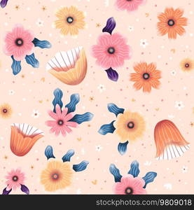 Seamless pattern with hand drawn flowers. Fantasy flowers and leaves, vibrant seasonal background. Colorful illustration. 