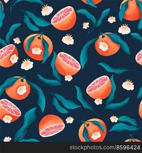 Seamless pattern with hand drawn oranges and floral elements. Fruit and floral design in bright colors. Colorful illustration.