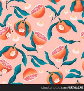 Seamless pattern with hand drawn oranges and floral elements. Fruit and floral design in bright colors. Colorful illustration.