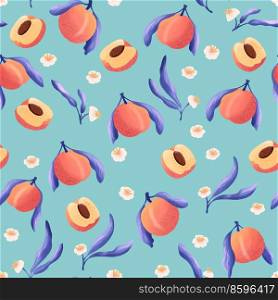 Seamless pattern with hand drawn peaches and floral elements. Fruit and floral design in bright colors. Colorful illustration.