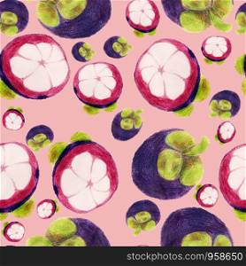 Seamless pattern with hand drawn Purple Mangosteen. Garcinia mangosteen fruit endless pink background. Fruit texture with asian tropical summer design.. Seamless pattern with Purple Mangosteen
