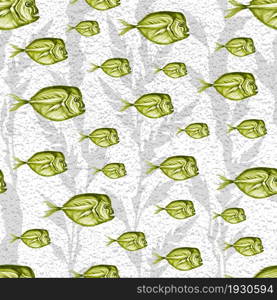 Seamless pattern with hand drawn yellow fishes.