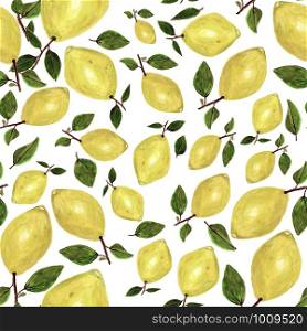 Seamless pattern with hand painted lemons and leaves. White background. Repeat design for t-shirt, greeting cards, wrapping paper, posters, fabric print.. Seamless pattern with hand painted lemons and leaves on white