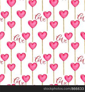 Seamless pattern with hearts in pink color . Cute background in watercolor. Valentines day print for wrapping paper, backdrop decoration. Seamless pattern with hearts in pink color . Cute background in watercolor. Valentines day print for wrapping paper, backdrop decoration.