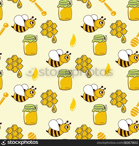 Seamless pattern with honey, bees, honeycomb, drop honey spoon