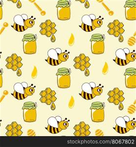 Seamless pattern with honey, bees, honeycomb, drop honey spoon