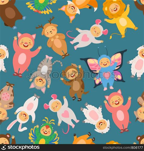 Seamless pattern with illustrations of kids in carnival costumes. Child in costume animal, background girl and boy vector. Seamless pattern with illustrations of kids in carnival costumes