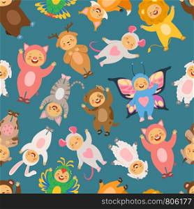 Seamless pattern with illustrations of kids in carnival costumes. Child in costume animal, background girl and boy vector. Seamless pattern with illustrations of kids in carnival costumes