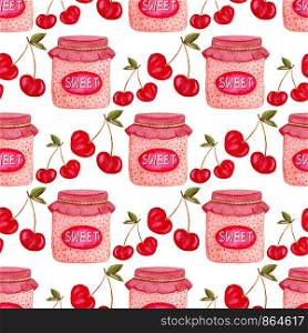 Seamless pattern with jam jar and cherry . Cute background in watercolor. Sweet berry packaging design or wrapping paper. Seamless pattern with jam jar and cherry . Cute background in watercolor. Sweet berry packaging design or wrapping paper.