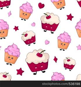 Seamless pattern with kawaii sweet food - cherry and blueberry cakes on white background. Endless texture with cute cartoon sweets or dessers. Funny kids characters. Flat style. Kawaii Food Collection