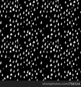 Seamless pattern with large raindrops. Monochrome cartoon rain on a black background. Soft rounded watercolor shapes with paper texture. Black and white stylish orrnament for textiles.. Seamless pattern with large raindrops.
