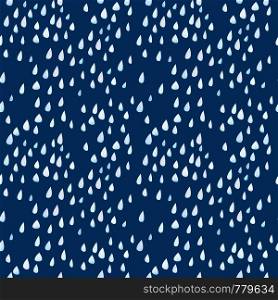 Seamless pattern with large raindrops. White-blue cartoon rain on a dark evening sky background. Soft rounded watercolor shapes with paper texture. Children's ornament for textiles and wrapping paper.. Seamless pattern with large raindrops.