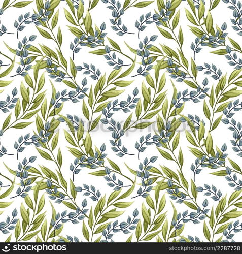Seamless pattern with leaves and twigs. Decorative floral design elements. Different leaves hand drawn with watercolor.