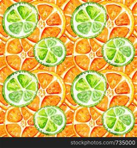 Seamless pattern with lime and orange. Tropical refreshing exotic. Summer concept. Watercolor illustrations.. Seamless pattern with lime and orange.