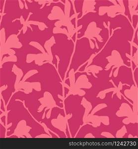 Seamless pattern with magnolia tree blossom. Pink floral background with branch and magnolia flower. Spring design with big floral elements. Hand drawn botanical illustration. Seamless pattern with magnolia tree blossom. Pink floral background with branch and magnolia flower. Spring design with big floral elements. Hand drawn botanical illustration.