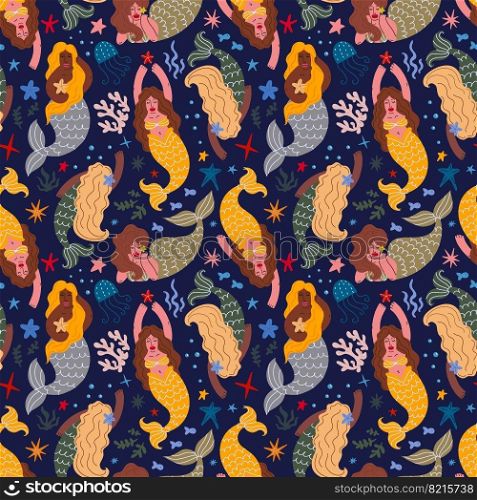 Seamless pattern with mermaids and marine life.Mermaids seamless background. Seamless pattern with mermaids and marine life