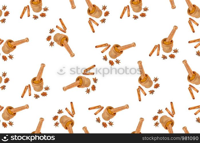 Seamless pattern with mortar, pestle, cinnamon and star anise isolated on white background.