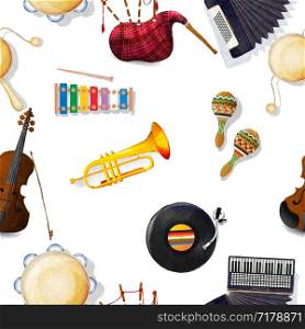Seamless pattern with musical instruments in watercolors over white background
