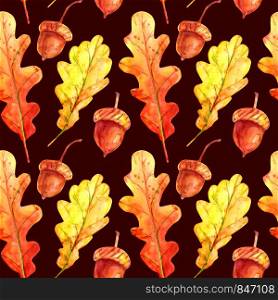 Seamless pattern with oak leaves and acorns. Watercolor autumn fallen leaves of orange and yellow with colorful drops and sprays on a dark brown background. Template for design.. Seamless pattern with oak leaves and acorns. .