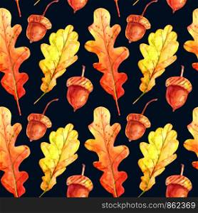 Seamless pattern with oak leaves and acorns. Watercolor autumn leaves fallen orange and yellow with colorful drops and sprays on a dark blue background. Template for design.. Seamless pattern with oak leaves and acorns. .