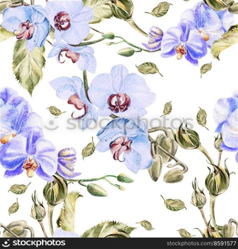 Seamless pattern with orchid flower and leaves. Illustration.. Seamless pattern with orchid flower and leaves.