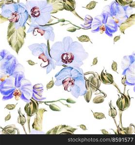 Seamless pattern with orchid flower and leaves. Illustration.. Seamless pattern with orchid flower and leaves.