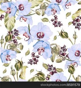 Seamless pattern with orchid flower, berries and leaves. Illustration.. Seamless pattern with orchid flower, berries and leaves.