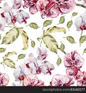 Seamless pattern with orchid flowers and leaves.. Seamless pattern with orchid flowers and leaves. Illustration.